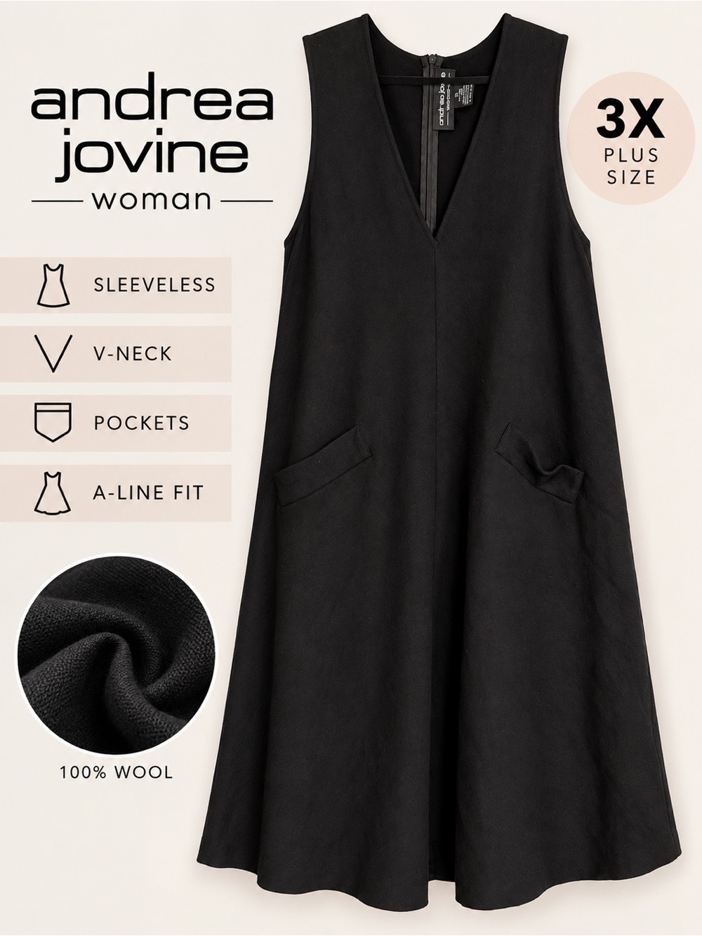 Andrea Jovine Woman Black Sleeveless Shift Dress 3X V-Neck Pockets Minimalist